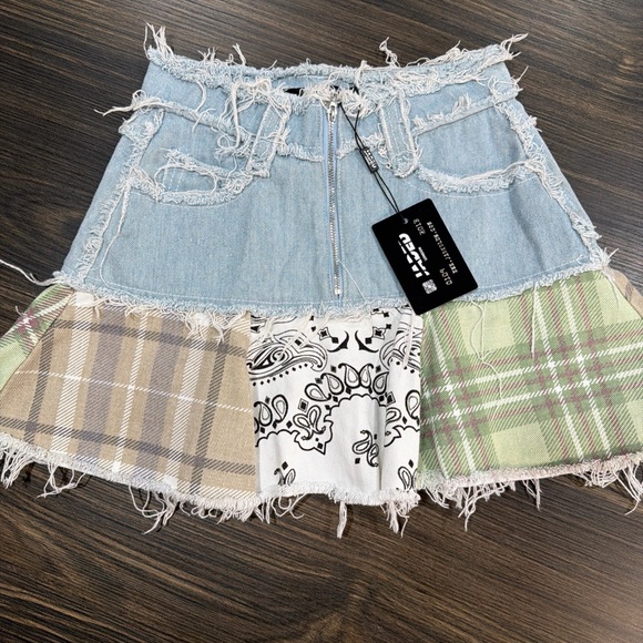 NWT Jaded London Denim Check Plaid Mix Peplum Mini Skirt Size 6 - Picture 2 of 9